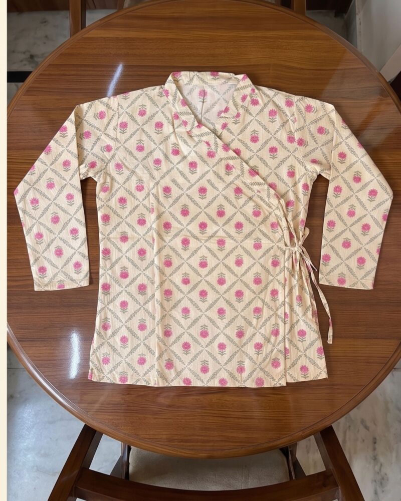 Men's Traditional Cream Cotton Flower Printed Bagal Bandi | Pure Organic Cotton Ethnic Angrakha Kurta | Traditional Vrindavan Festive Wear Side-Tie Jacket for Men