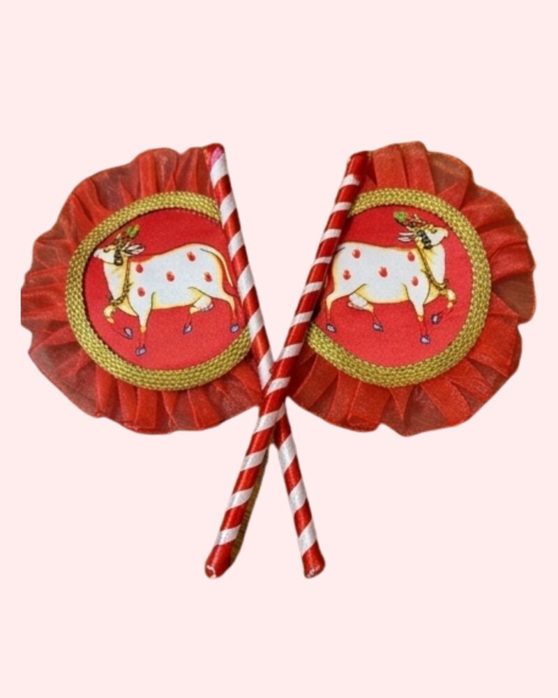 Hand Made Fan Pair for Thakur Ji Sewa (7x3 Inch) | Sacred Cow Print on Red Background with Red Cloth Border | Premium Deity Summer Pankha Pack of 2