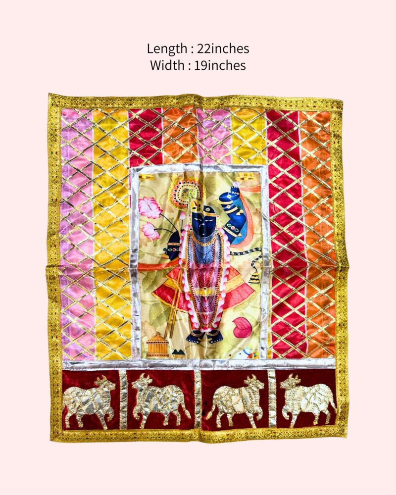 Premium Shri Nathji and Red Background Cow Printed Backdrop Cloth (21x19 Inch) | HD Digital Print on Luxury Garden Silk Fabric | Pushtimarg Altar Decoration & Mandir Background Spread