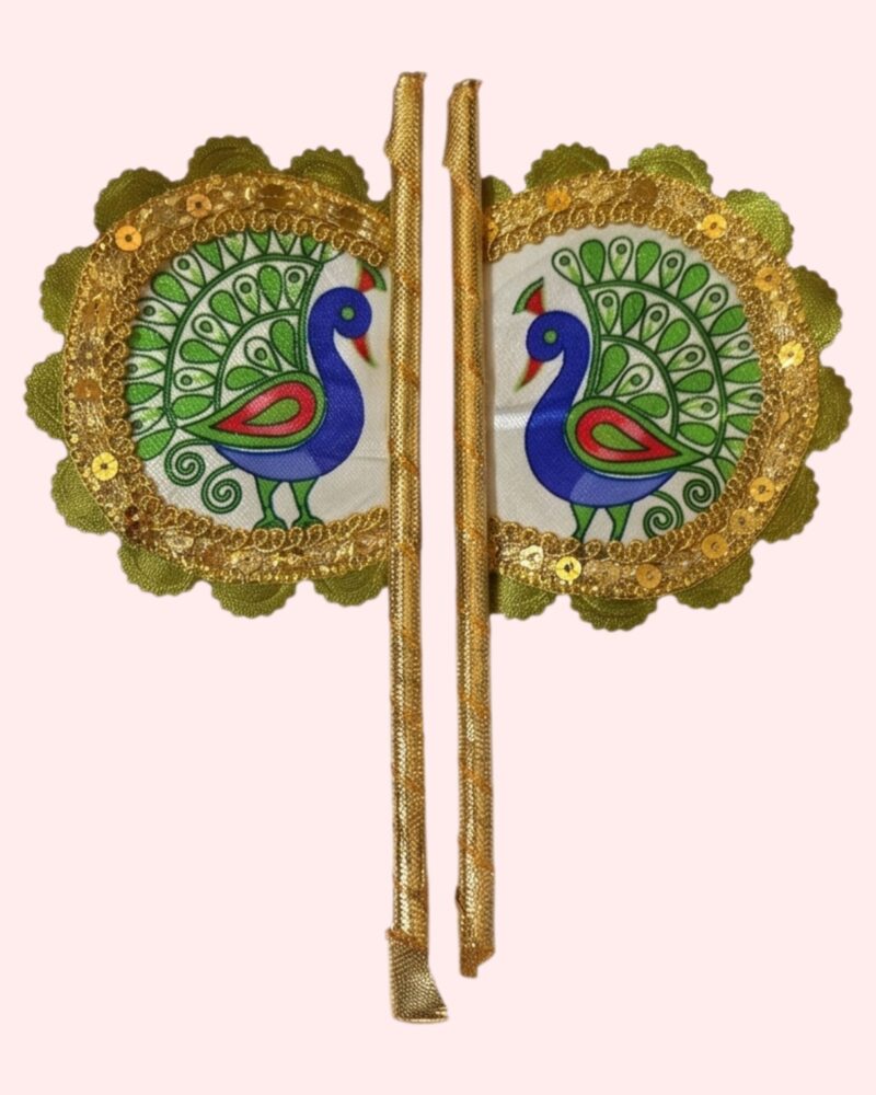 Hand Made Fan Pair for Thakur Ji Sewa (7x3 Inch) | Sacred Blue Peacock Print on White Background with Golden Cloth Border | Premium Deity Summer Pankha Pack of 2